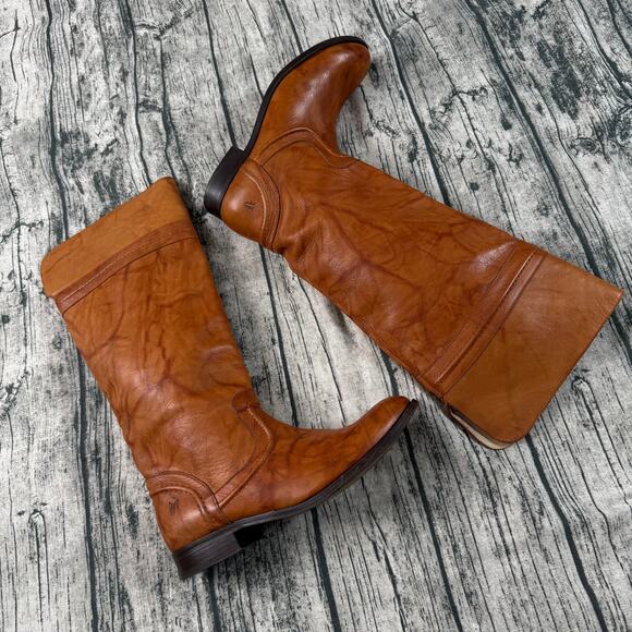 Frye 76442 Melissa Trapunto Riding Pull On Marbled Leather Boots Cognac 11B - Picture 14 of 16